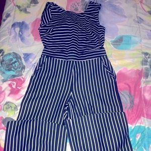 Womens striped navy blue/white wide/straight leg jumpsuit